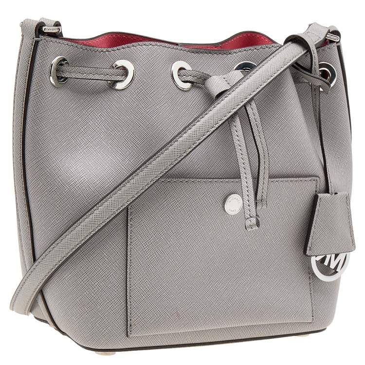 Pre Owned Michael Kors Grey Saffiano Leather Drawstring Shoulder Bag