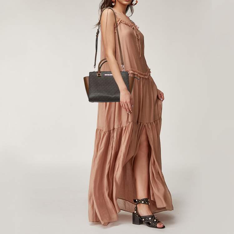 Pre Owned Michael Kors Brown Coated Canvas and Leather Medium Selma Satchel