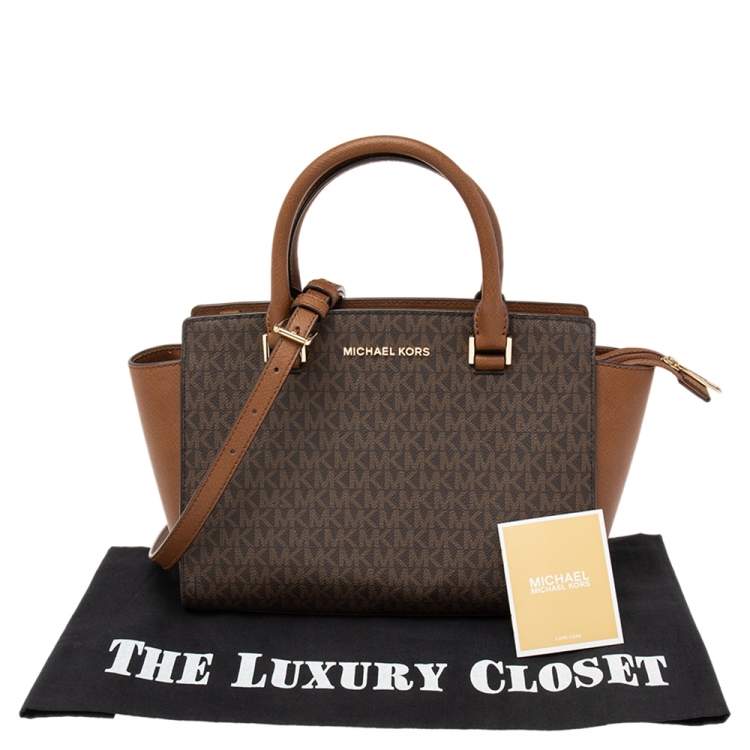 Pre Owned Michael Kors Brown Coated Canvas and Leather Medium Selma Satchel