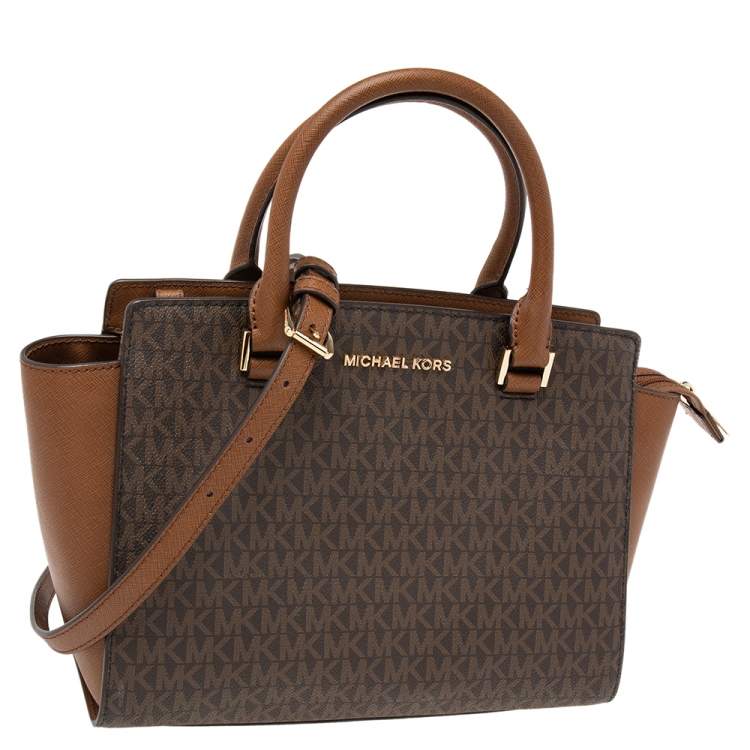 Pre Owned Michael Kors Brown Coated Canvas and Leather Medium Selma Satchel