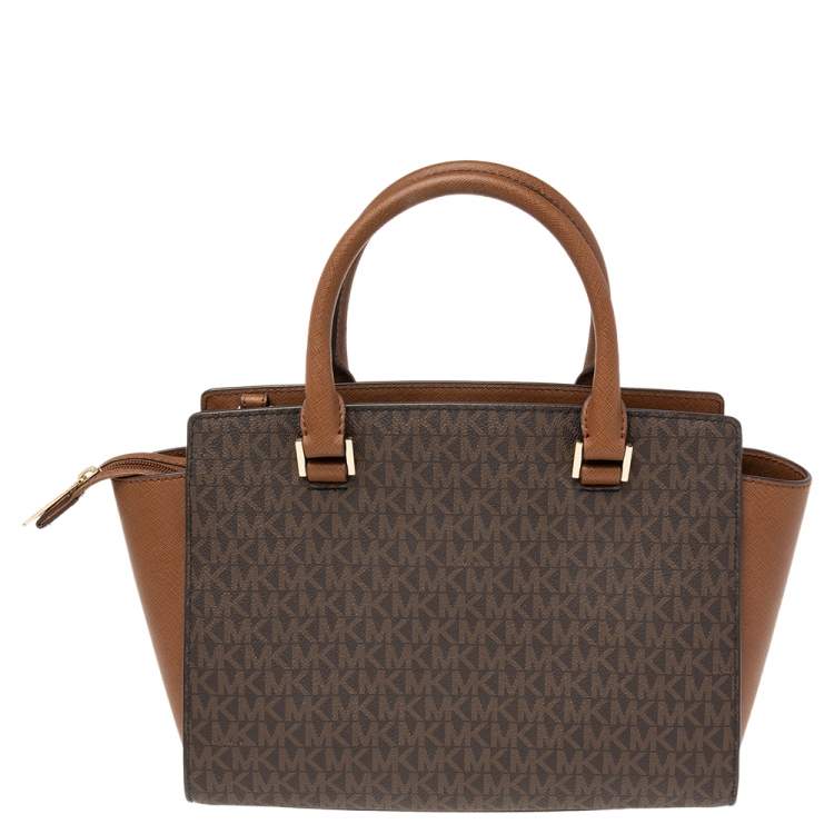 Pre Owned Michael Kors Brown Coated Canvas and Leather Medium Selma Satchel