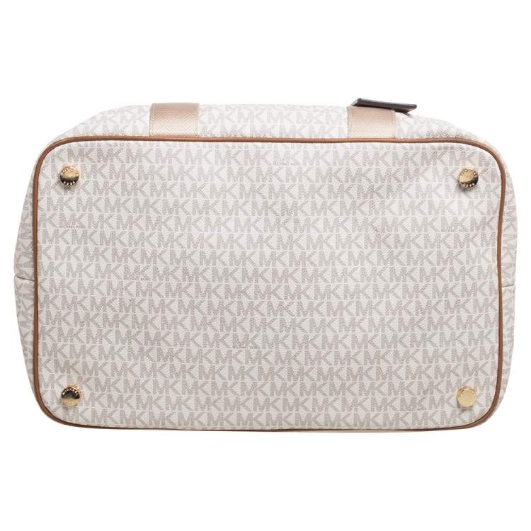 Pre Owned Michael Kors White/Brown Signature Coated Canvas And Leather Duffel Bag