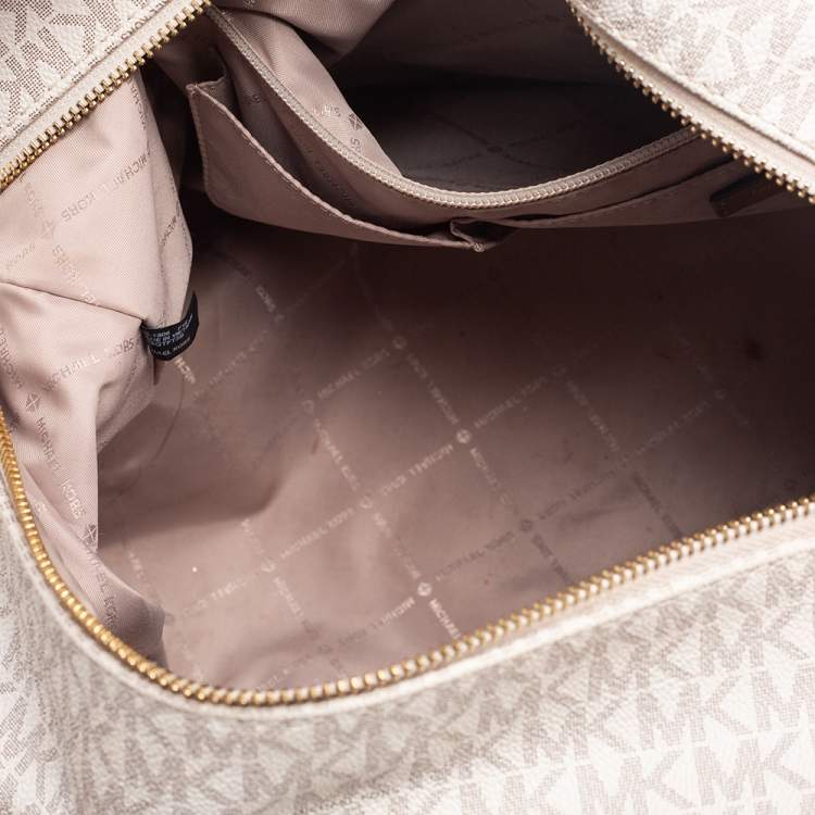 Pre Owned Michael Kors White/Brown Signature Coated Canvas And Leather Duffel Bag