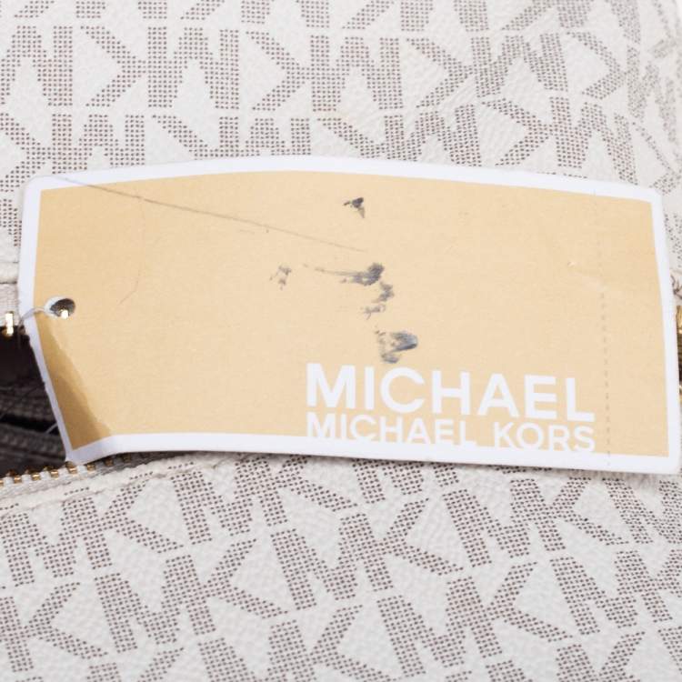 Pre Owned Michael Kors White/Brown Signature Coated Canvas And Leather Duffel Bag