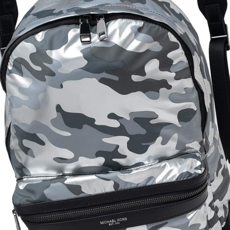 Pre Owned Michael Kors Black/Silver Camouflage Nylon and Leather Kent Backpack