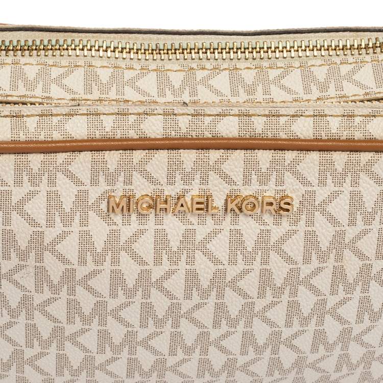 Pre Owned Michael Kors White/Brown Leather And Signature Coated Canvas Jet Set Shoulder Bag