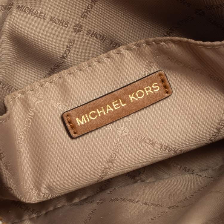 Pre Owned Michael Kors White/Brown Leather And Signature Coated Canvas Jet Set Shoulder Bag