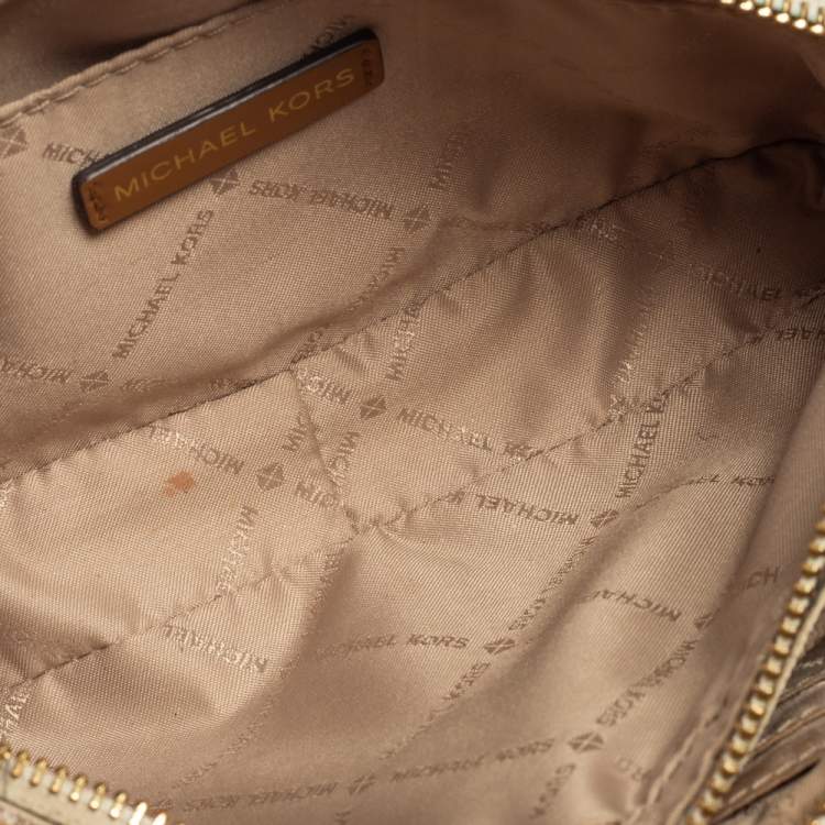 Pre Owned Michael Kors White/Brown Leather And Signature Coated Canvas Jet Set Shoulder Bag