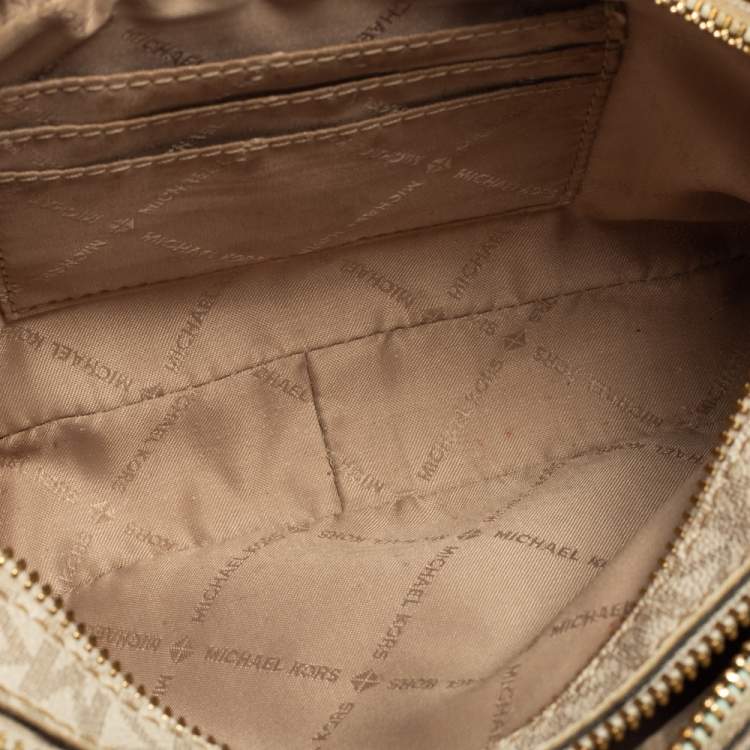 Pre Owned Michael Kors White/Brown Leather And Signature Coated Canvas Jet Set Shoulder Bag