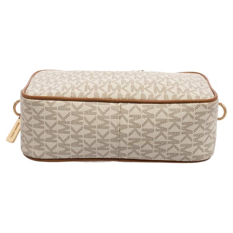 Pre Owned Michael Kors White/Brown Leather And Signature Coated Canvas Jet Set Shoulder Bag