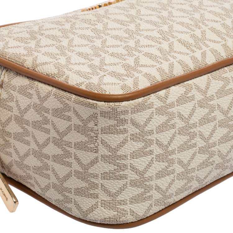 Pre Owned Michael Kors White/Brown Leather And Signature Coated Canvas Jet Set Shoulder Bag