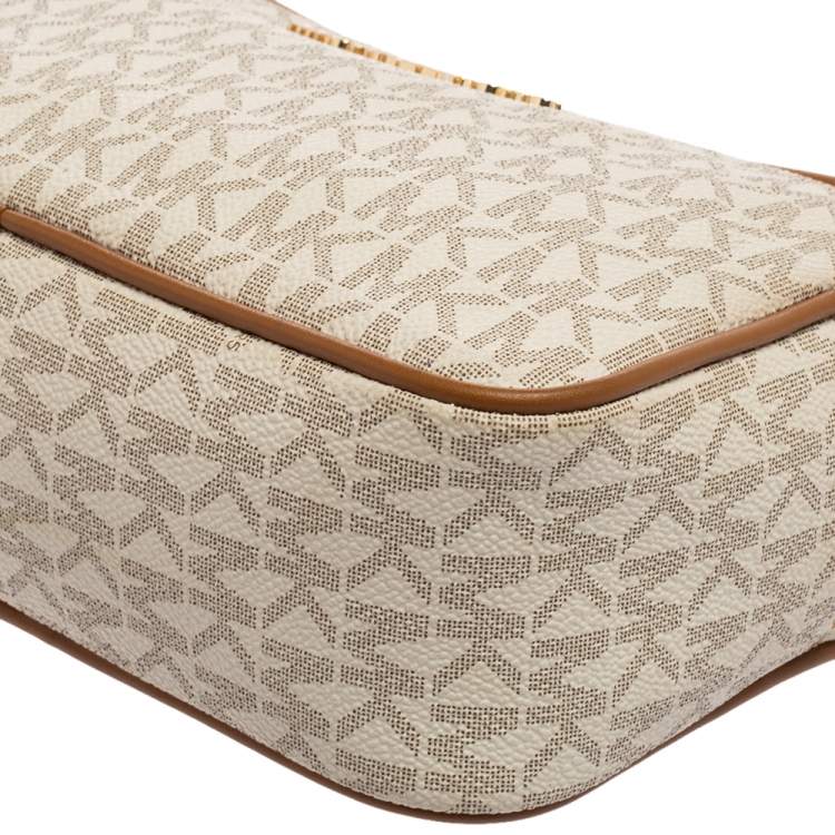 Pre Owned Michael Kors White/Brown Leather And Signature Coated Canvas Jet Set Shoulder Bag