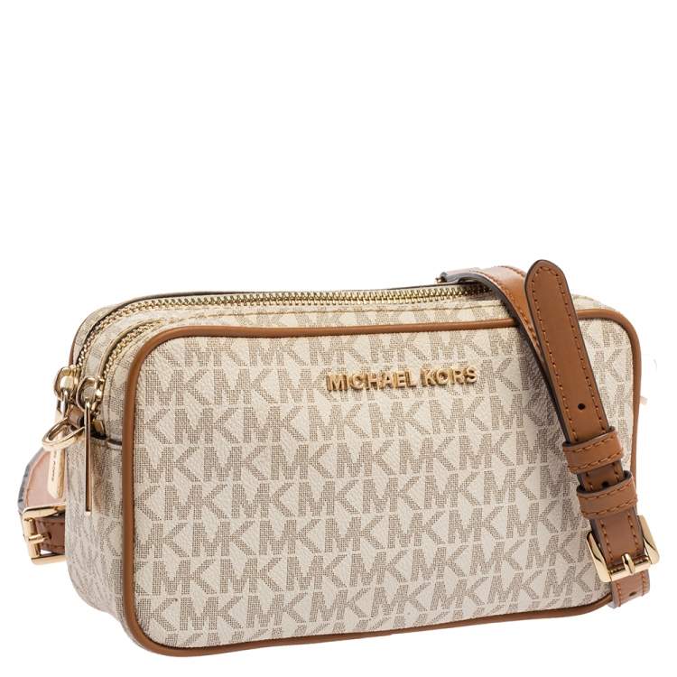 Pre Owned Michael Kors White/Brown Leather And Signature Coated Canvas Jet Set Shoulder Bag