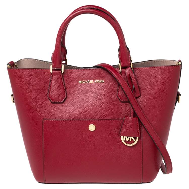 Pre Owned Michael Kors Red Leather Greenwich Shopper Tote