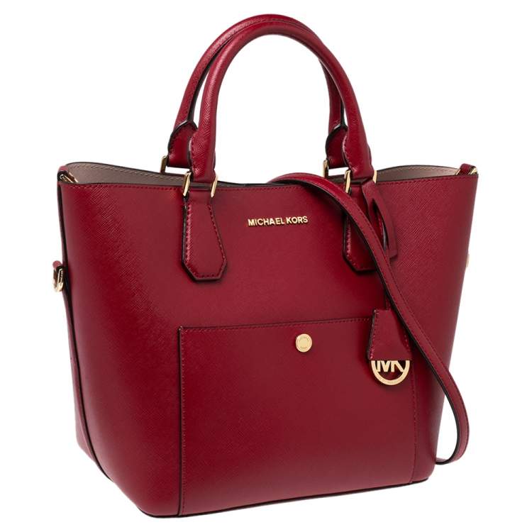 Pre Owned Michael Kors Red Leather Greenwich Shopper Tote