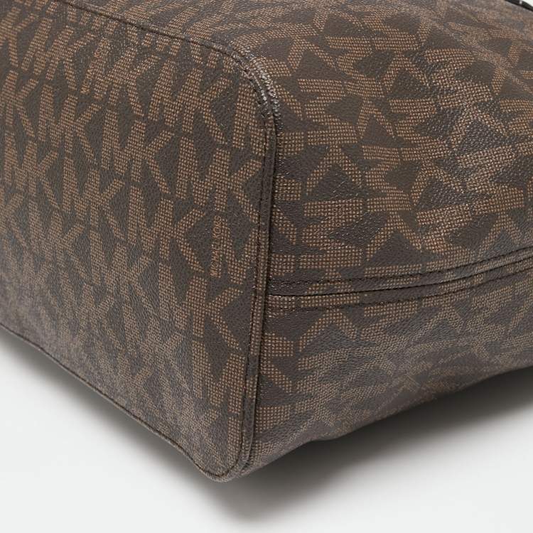 Pre Owned Michael Kors Beige/Brown Signature Coated Canvas and Leather Medium Jet Set Tote