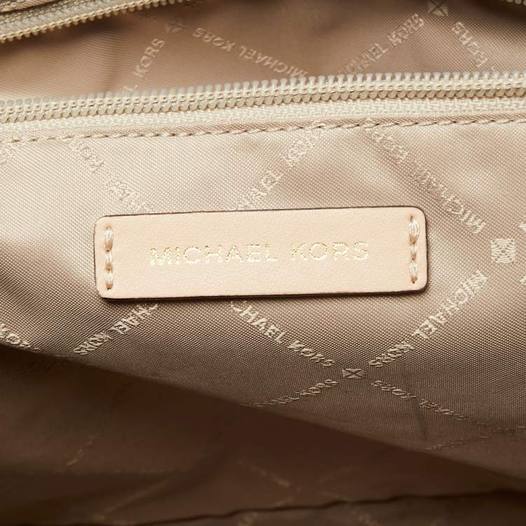 Pre Owned Michael Kors Beige/Brown Signature Coated Canvas and Leather Medium Jet Set Tote
