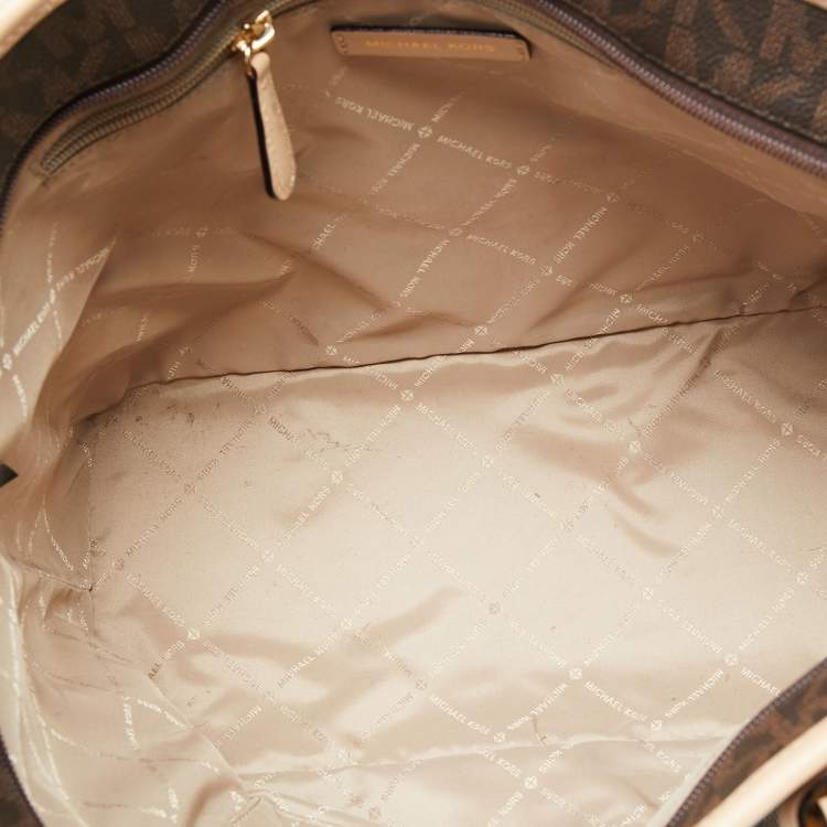 Pre Owned Michael Kors Beige/Brown Signature Coated Canvas and Leather Medium Jet Set Tote