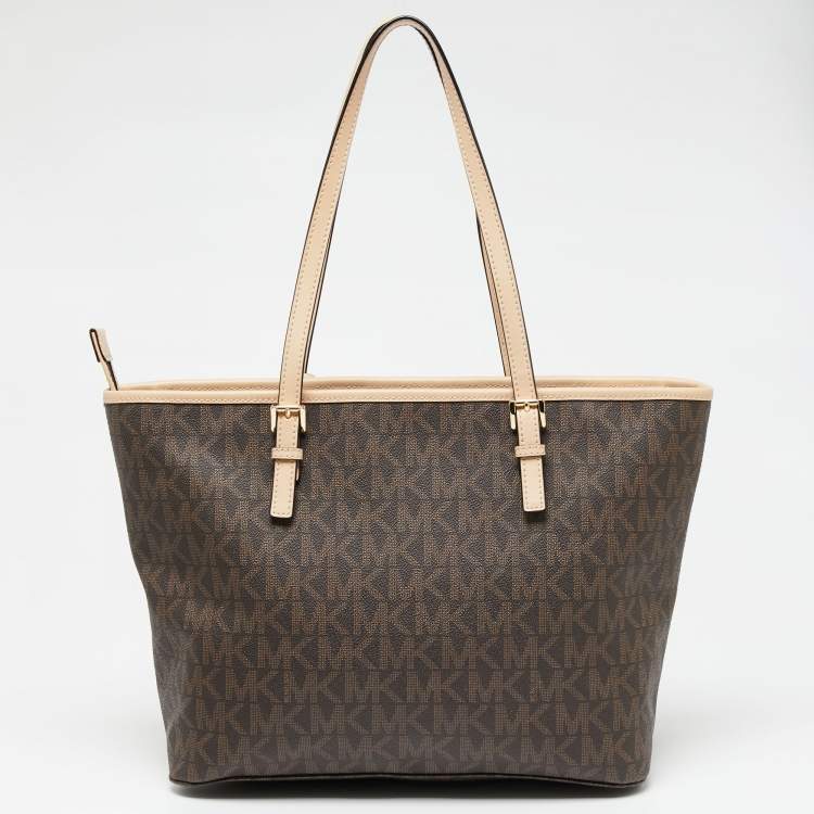 Pre Owned Michael Kors Beige/Brown Signature Coated Canvas and Leather Medium Jet Set Tote
