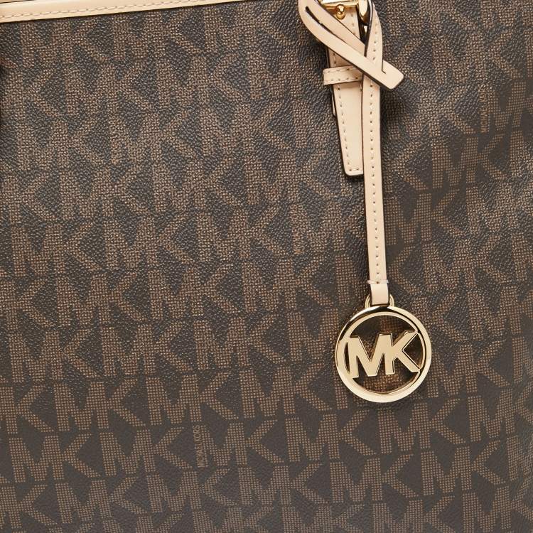 Pre Owned Michael Kors Beige/Brown Signature Coated Canvas and Leather Medium Jet Set Tote