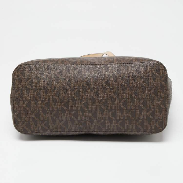 Pre Owned Michael Kors Beige/Brown Signature Coated Canvas and Leather Medium Jet Set Tote