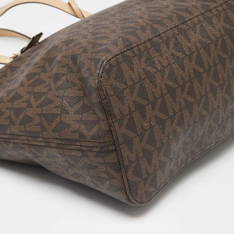 Pre Owned Michael Kors Beige/Brown Signature Coated Canvas and Leather Medium Jet Set Tote