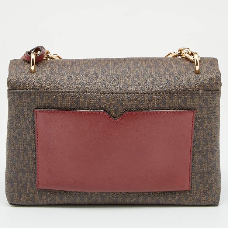 Pre Owned Michael Kors Brown/Burgundy Signature Coated Canvas And Leather Medium Cece Shoulder Bag