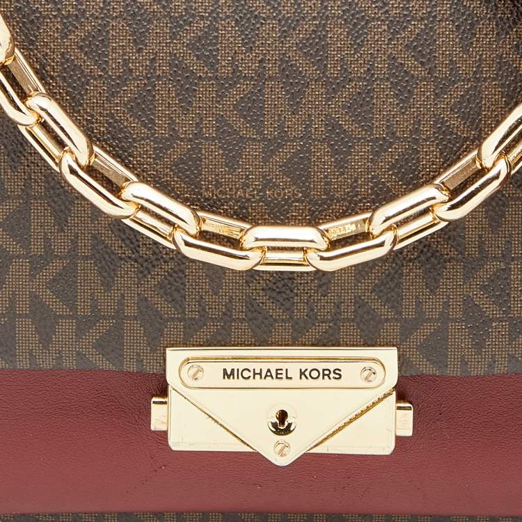 Pre Owned Michael Kors Brown/Burgundy Signature Coated Canvas And Leather Medium Cece Shoulder Bag