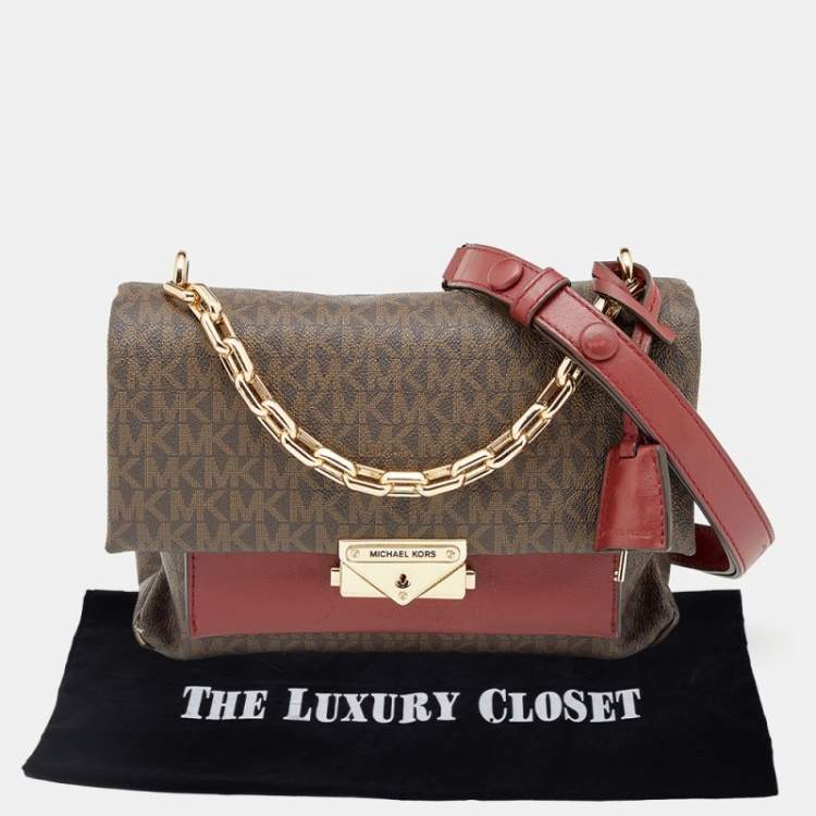Pre Owned Michael Kors Brown/Burgundy Signature Coated Canvas And Leather Medium Cece Shoulder Bag