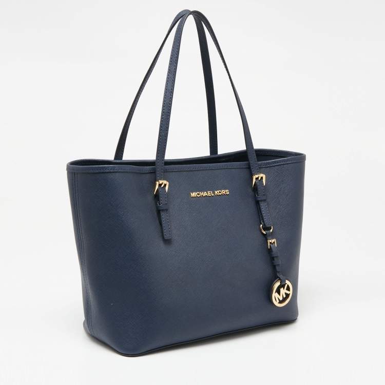 Pre Owned Michael Kors Navy Blue Leather Small Jet Set Travel Tote