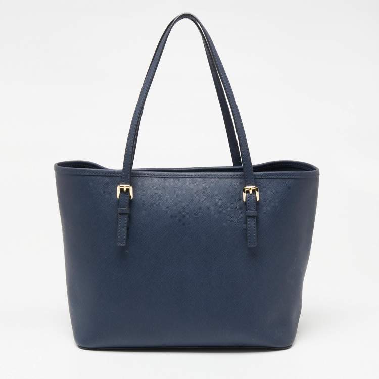 Pre Owned Michael Kors Navy Blue Leather Small Jet Set Travel Tote