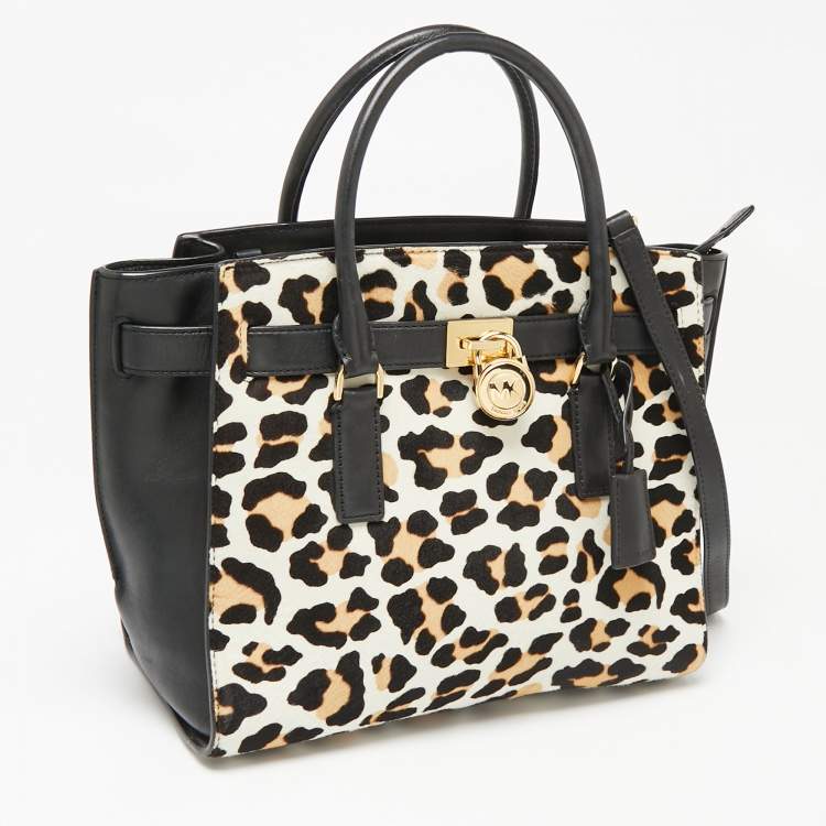 Pre Owned MICHAEL Michael Kors Black/Brown Leopard Print Calf Hair and Leather Hamilton Tote