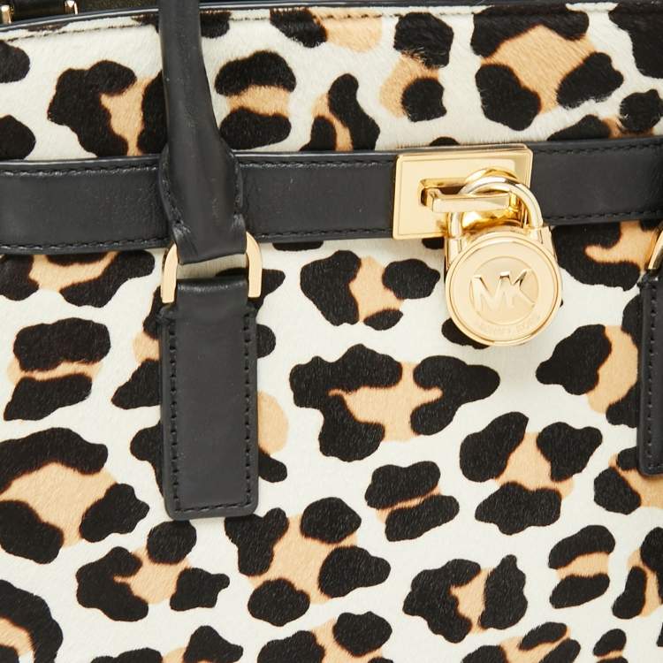 Pre Owned MICHAEL Michael Kors Black/Brown Leopard Print Calf Hair and Leather Hamilton Tote