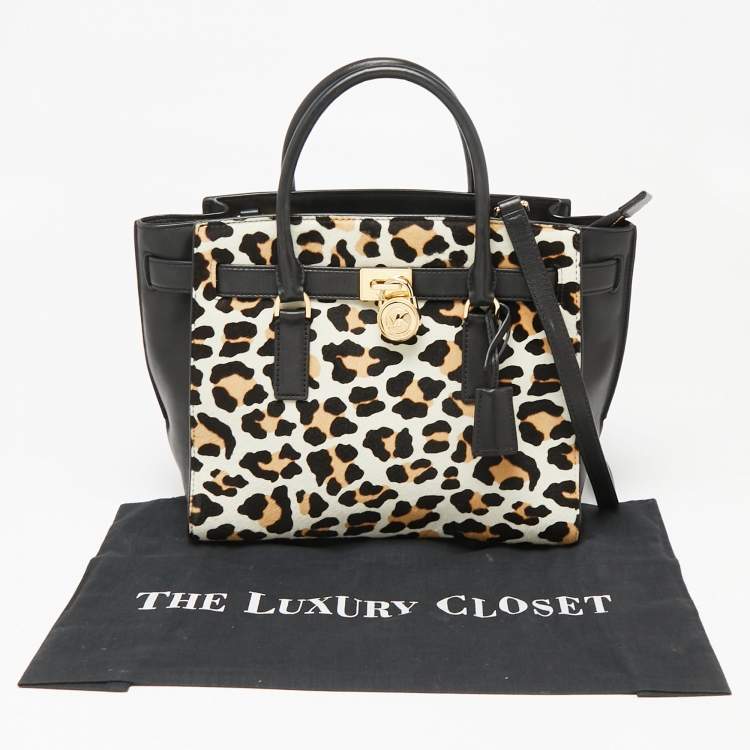Pre Owned MICHAEL Michael Kors Black/Brown Leopard Print Calf Hair and Leather Hamilton Tote