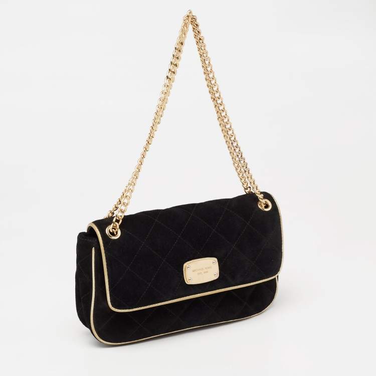 Pre Owned MICHAEL Michael Kors Black/Gold Quilted Suede Jet Set Chain Flap Shoulder Bag