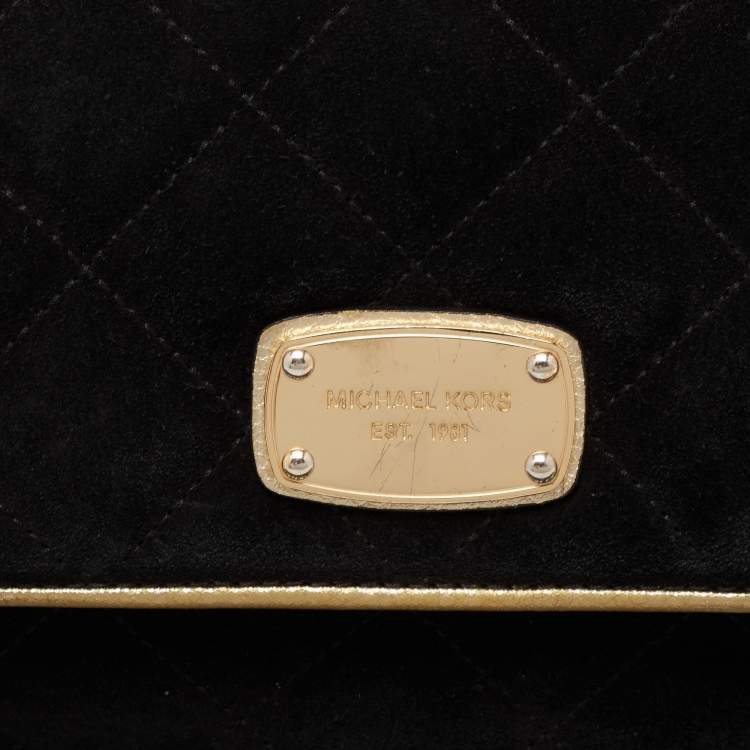 Pre Owned MICHAEL Michael Kors Black/Gold Quilted Suede Jet Set Chain Flap Shoulder Bag