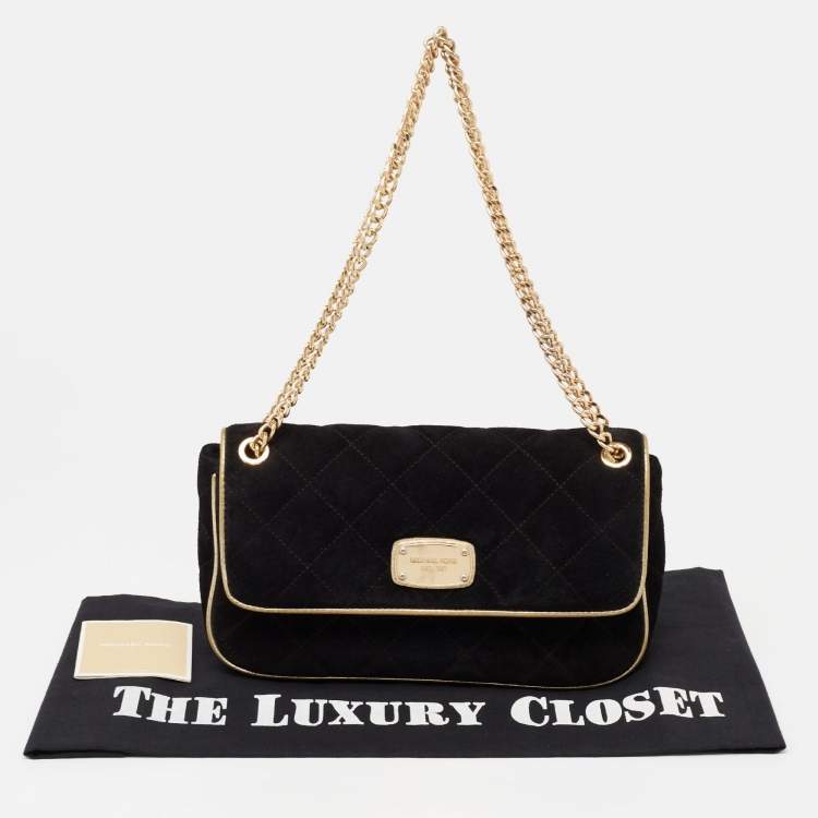 Pre Owned MICHAEL Michael Kors Black/Gold Quilted Suede Jet Set Chain Flap Shoulder Bag