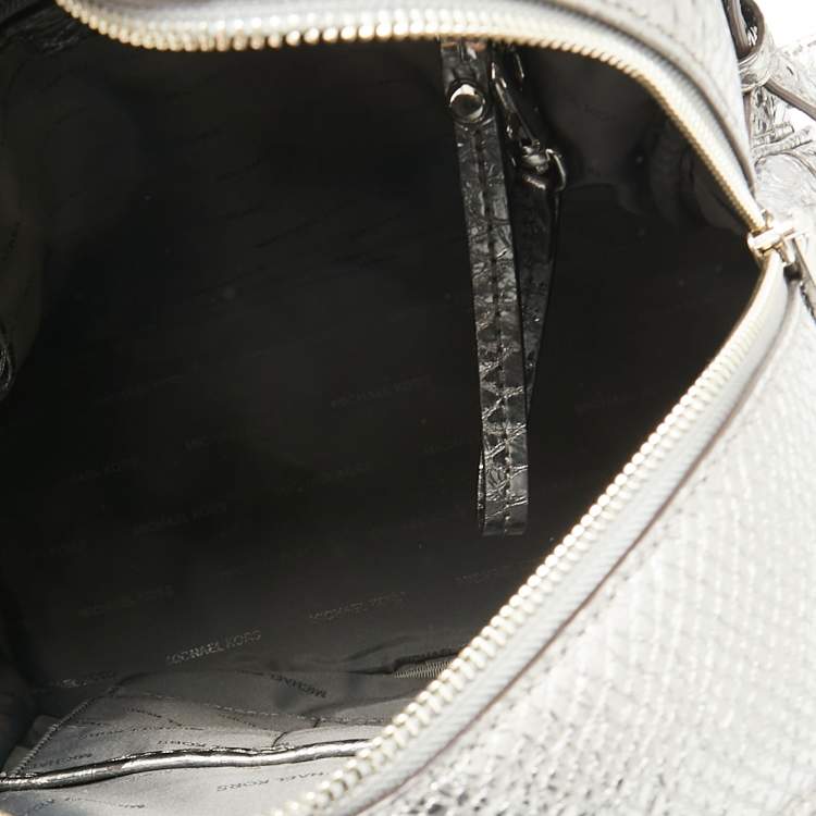Pre Owned Michael Kors Metallic Silver Python Embossed Leather Small Rhea Backpack