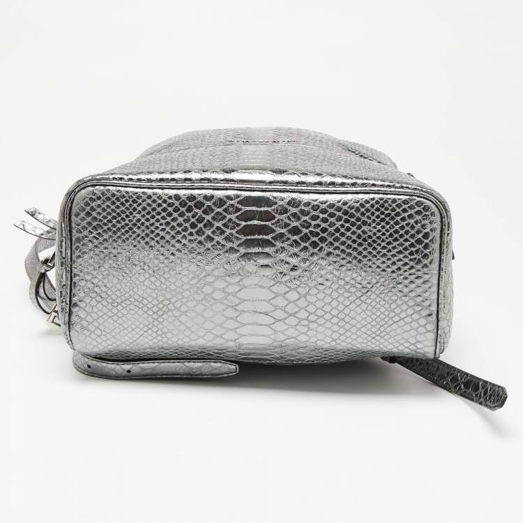 Pre Owned Michael Kors Metallic Silver Python Embossed Leather Small Rhea Backpack