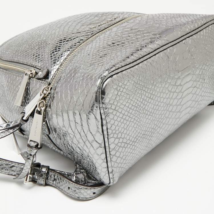 Pre Owned Michael Kors Metallic Silver Python Embossed Leather Small Rhea Backpack
