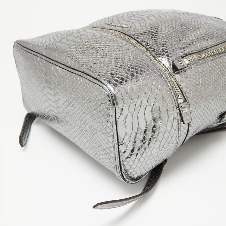 Pre Owned Michael Kors Metallic Silver Python Embossed Leather Small Rhea Backpack