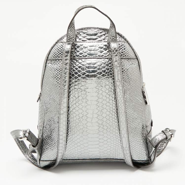 Pre Owned Michael Kors Metallic Silver Python Embossed Leather Small Rhea Backpack