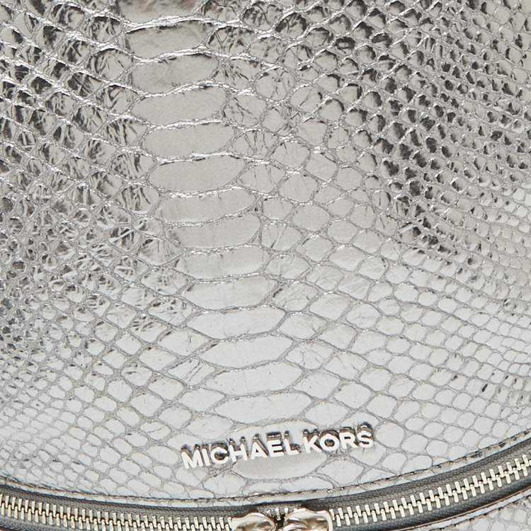 Pre Owned Michael Kors Metallic Silver Python Embossed Leather Small Rhea Backpack