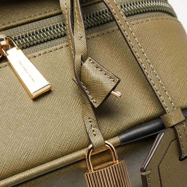 Pre Owned Michael Kors Olive Green Leather Jet Set Logo Luggage