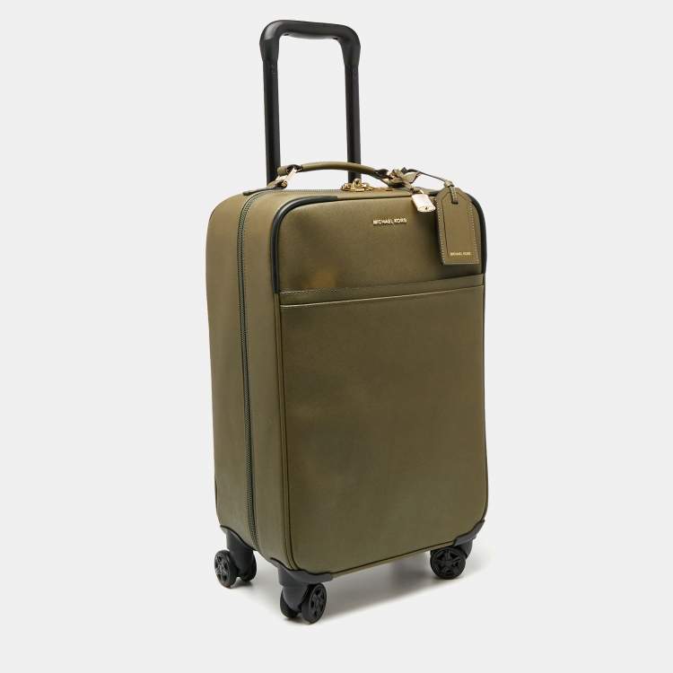 Pre Owned Michael Kors Olive Green Leather Jet Set Logo Luggage