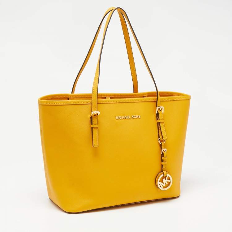 Pre Owned Michael Kors Mustard Saffiano Leather Small Jet Set Travel Tote