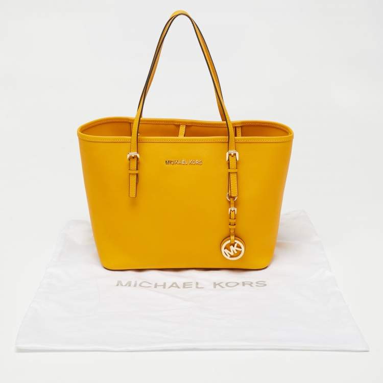 Pre Owned Michael Kors Mustard Saffiano Leather Small Jet Set Travel Tote