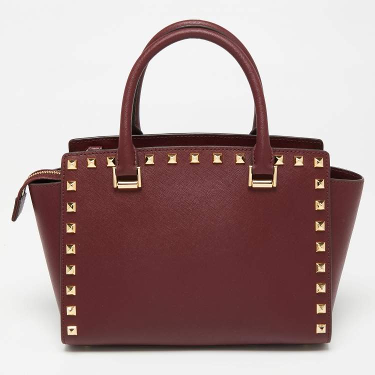 Pre Owned Michael Kors Burgundy Leather Studded Medium Selma Satchel