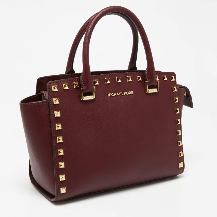 Pre Owned Michael Kors Burgundy Leather Studded Medium Selma Satchel