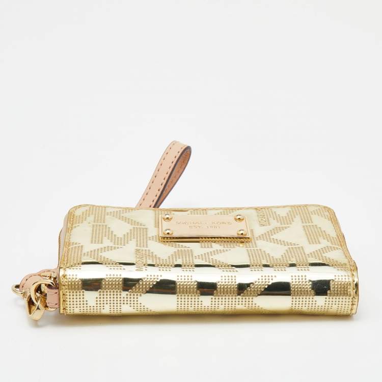 Pre Owned Michael Kors Gold Patent Leather Zip Around Wallet